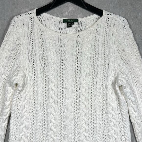 Lauren Ralph Lauren Round Neck Cable Knit Sweater Women’s Large Petite PL White - Picture 2 of 9